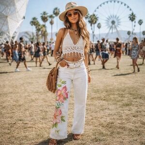 Lauren Jeans CO. Floral White Pants 100% Cotton Size 6 Boho Coachella Style